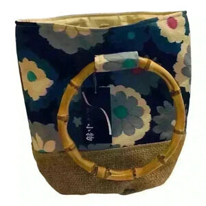 Floral Canvas Tote Bag with Bamboo Handles Multicolor Women's Handbag